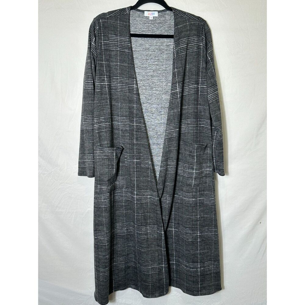 Lularoe Women's Black/Gray/White Plaid Open Duster With Pockets Size M Stretch
